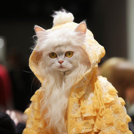 Cat wearing a yellow raincoat on the catwalk. Shallow depth of field.の素材
