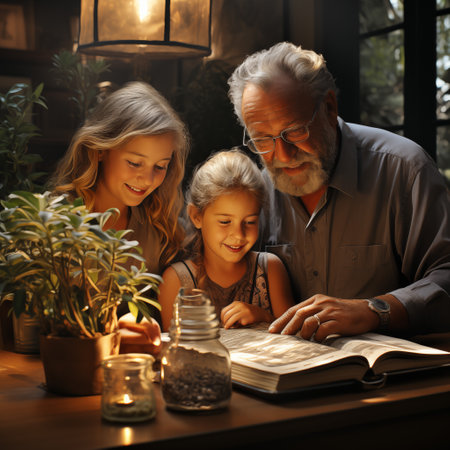 Grandfather, grandmother and granddaughter reading a book together at home.の素材