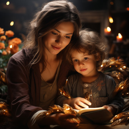 Mother and daughter reading a book at home. Happy family. Christmas.の素材
