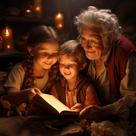 Grandmother reading a book with her grandchildren at home in the living roomの素材