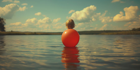 Young woman swims in the lake with a red inflatable ballの素材