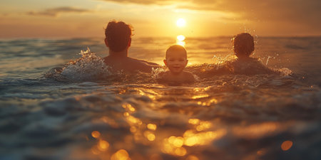 Happy family having fun on the beach at sunset. Mother, father and son swim in the sea at sunset.の素材