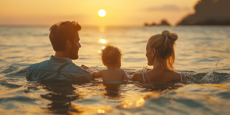 Happy family of father, mother and daughter swimming in sea at sunsetの素材