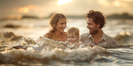 Happy family on the beach at sunset. Mother, father and their little daughters having fun on the ocean.の素材