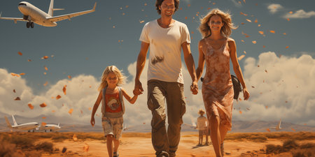 Happy family walking on the sand in the desert with an airplane.の素材