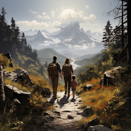 Mother and son hiking in the mountains with a backpack. Digital paintingの素材