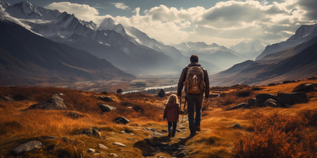 Father and daughter hiking in beautiful mountains. Traveling with children conceptの素材
