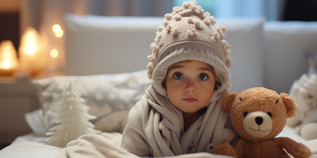 Cute little baby boy in winter hat with teddy bear on the bedの素材