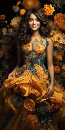 Beautiful young woman with long curly hair posing in a floral dress.の素材