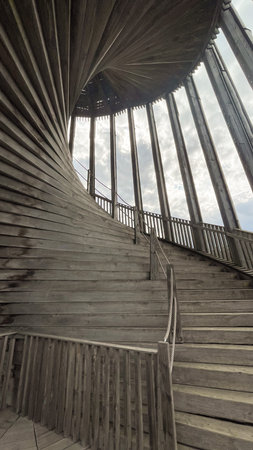 Wooden stairs to the top of the building in the park.の写真素材