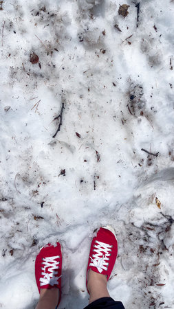 Selfie of red sneakers on the snow in the winter forest.