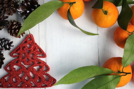 Tangerines and fir conesの写真素材