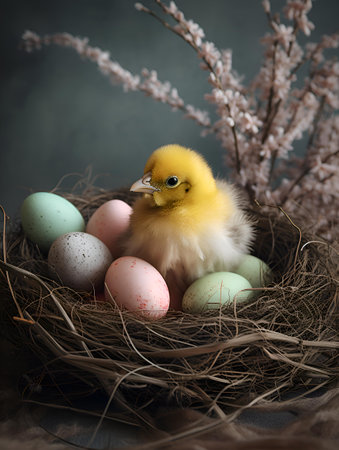 Little Easter yellow chick in the nestの素材