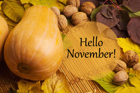 Words hello november on the rustic background with maple leaves, walnuts and pumpkinの写真素材