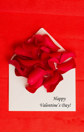 Tag Happy Valentine's Day with some red rose petals in envelope on red backgroundの写真素材