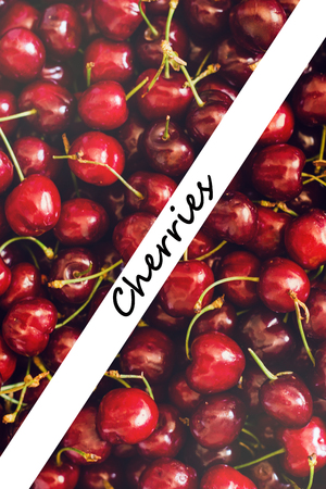 Ripe cherries. View from above. Cherry background, fresh cherries, sweet cherries. Toned background with text Cherriesの写真素材