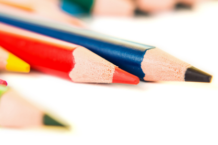 Color pencils isolated on white background, macro view. View from above.の写真素材