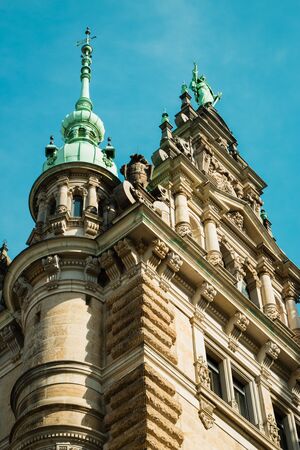 Hamburg, Germany - April 7, 2018: Exterior view of the town hall of Hamburg on April 7, 2018. The town hall (German The Hamburg Rathaus) was built 1897 and is the seat of the government of Hamburg.のeditorial素材