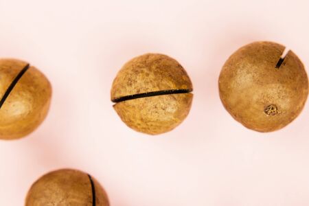 Raw not peeled whole macadamia nuts on pink background. Macro view. Healthy food. Protein source. Flat lay. View from above.の写真素材