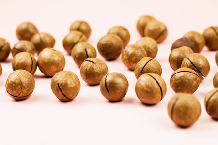 Raw not peeled whole macadamia nuts on pink background. Healthy food. Protein source. View from above with copy space for text.の写真素材