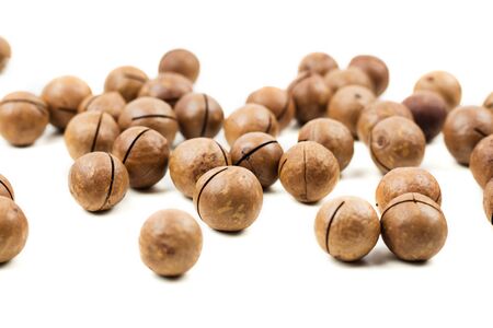 Raw not peeled whole macadamia nuts isolated on white. Healthy food. Protein source. View from above.の写真素材