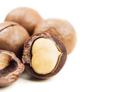 Raw not peeled whole macadamia nuts with shelled kernels isolated on white. Macro view. Healthy food. Protein source. Copy space for text.の写真素材