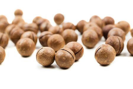 Raw not peeled whole macadamia nuts isolated on white. Healthy food. Protein source. View from above with copy space for text.の写真素材
