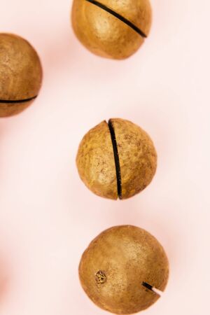 Raw not peeled whole macadamia nuts on pink background. Macro view. Healthy food. Protein source. Flat lay. View from above.の写真素材