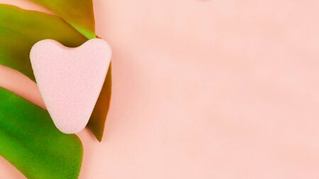 Close up of menstrual sponge tampon on pink background and green tropical leaf with copy space for text. Feminine hygiene product, View from above.の写真素材