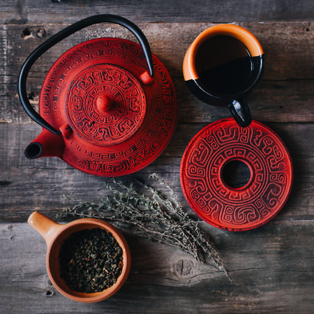 Tea ceremony on a wooden backgroundの写真素材