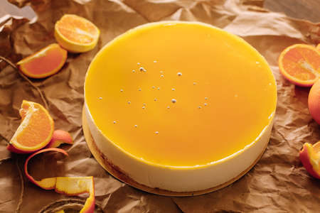 Orange cake with chocolate and orange slices.の写真素材