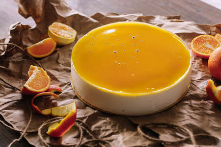 Orange cake with chocolate and orange slices.の写真素材