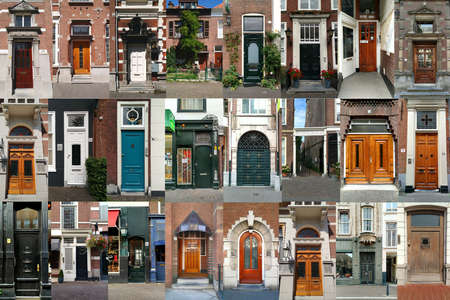 A collage of colorful old wooden front doors from Amsterdam and the Hague in Holland. Different beautiful entrance doors collection set from The Netherlands.の写真素材