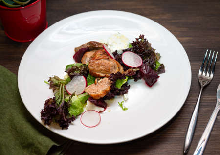 Duck breast salad sous vide. Arugula salad, lola rossa, duck breast, beets, radishes, cashews, goat cheese, lime, olive oil.の写真素材