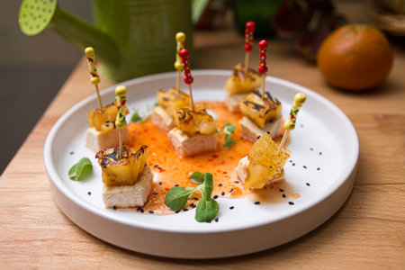 Chicken Pineapple Canapes on skewersの写真素材