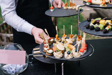 Waiter places plates on the table. catering service. wedding welcome food. Fruits on skewers and canapes. Welcome buffet at wedding reception.の写真素材
