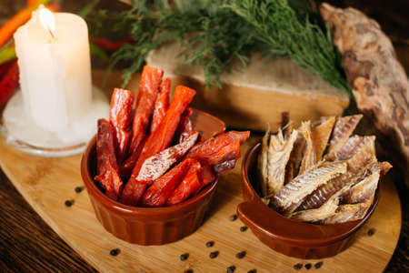 Two bowls of dried fish servings. bar food. Beer snacks.の写真素材