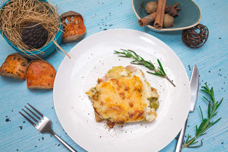 Bacon and brussels sprouts gratin. Bacon, cheese and brussels sprouts all baked in a creamy sauce.の写真素材