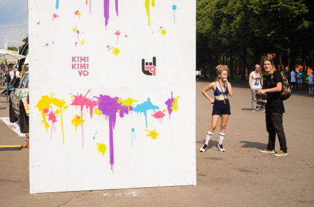 Moscow, Russia â August 06 2016: Faces & Laces Street Culture - young people walking through a festival of street fashion and culture. bright sunshine, hot summer, good weatherのeditorial素材