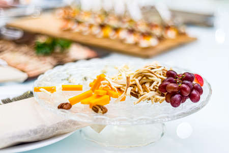 Appetizer plate: Cecil cheese, grapes, walnuts, pecan, cheddar. Catering serving.の写真素材