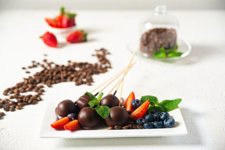 Chocolate candies with strawberries and blueberries on a white backgroundの写真素材