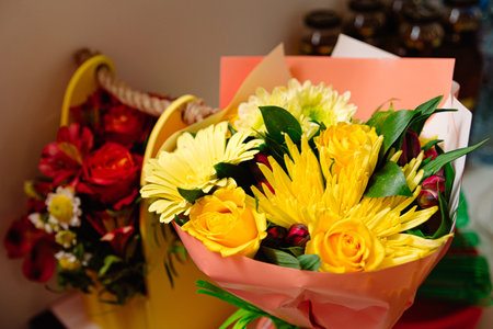 Bouquet of yellow and red flowers. celebration event. Bouquet of colorful flowers.