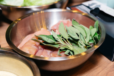 raw chicken meat with sage in a stainless steel bowl on the tableの写真素材