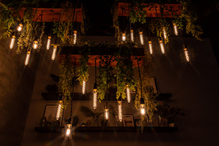 Decorative Hanging Garland of Illuminated Lightbulbs Casts a Warm Glow in a Cozy Restaurant Garden. A decorative illuminated garland hangs in a dark restaurant garden.の写真素材