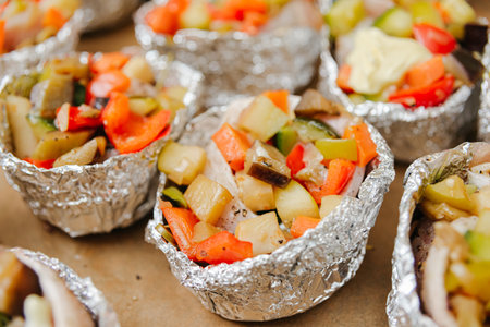 Sea bass fillet in foil for baking with pieces of apples, red sweet pepper and zucchini.の写真素材