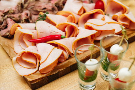 Slices of smoked ham on a wooden board. Thin slices of cold cuts and caprese canapes in shots....