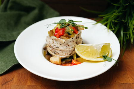 Sea bass fillet baked in cider with pieces of apples, red sweet pepper and zucchini. Serve with a...