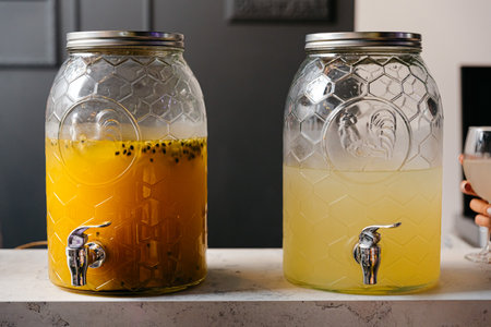 Passion fruit lemonade. Two glass containers with lemonade. A yellow container filled with a refreshing soft drink, waiting to be enjoyed inside.の写真素材