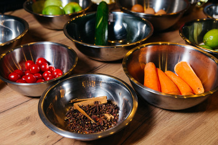 Steel bowls with raw ingredients for cooking at a culinary master class, bowl with cherry tomatoes, peeled carrots, cinnamon sticks and aromatic spices, zucchini and limesの写真素材