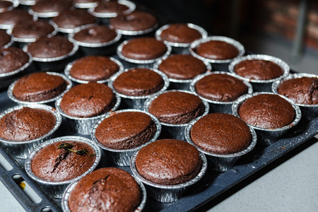 Rows of freshly baked chocolate muffins cooling on a tray, with a rich brown color and a cracked top...